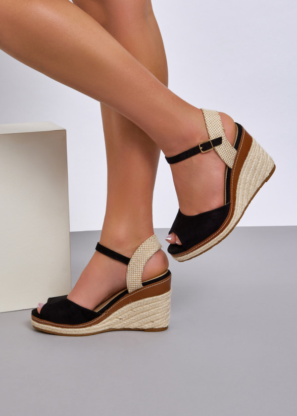 Black peep-toe espadrille wedged sandals 1