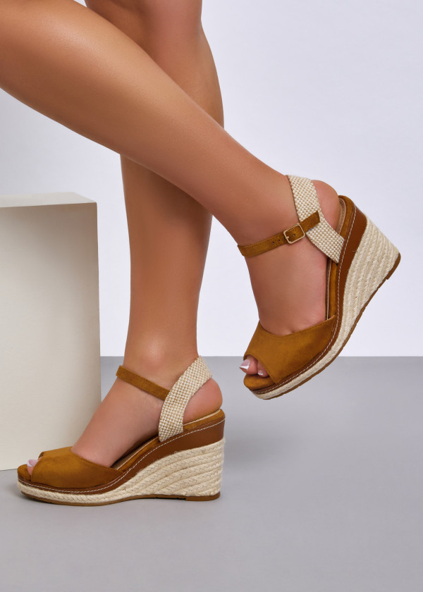 Tan peep-toe espadrille wedged sandals 1