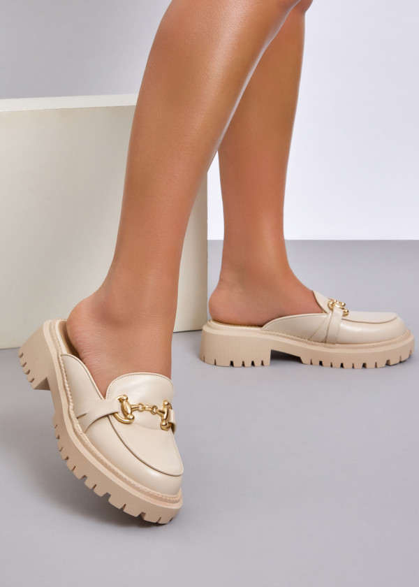 Beige chunky loafer mules