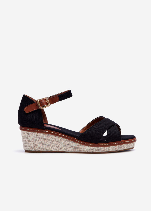 Black cross-strap low wedge sandals 3