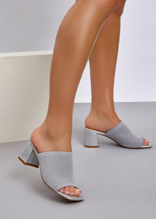 Silver knit low heeled mules