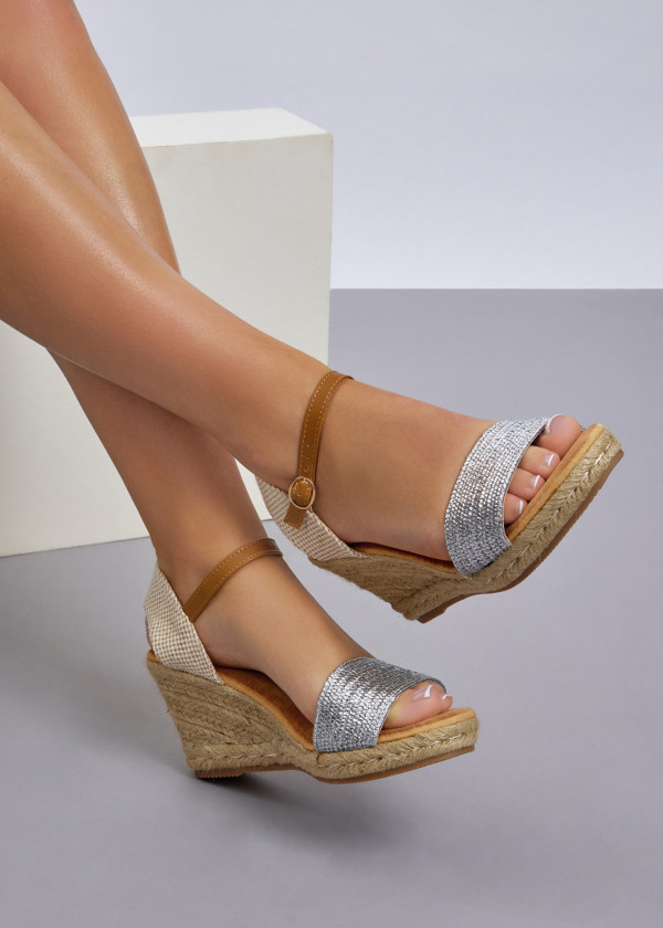 Silver woven espadrille mid-wedge 3