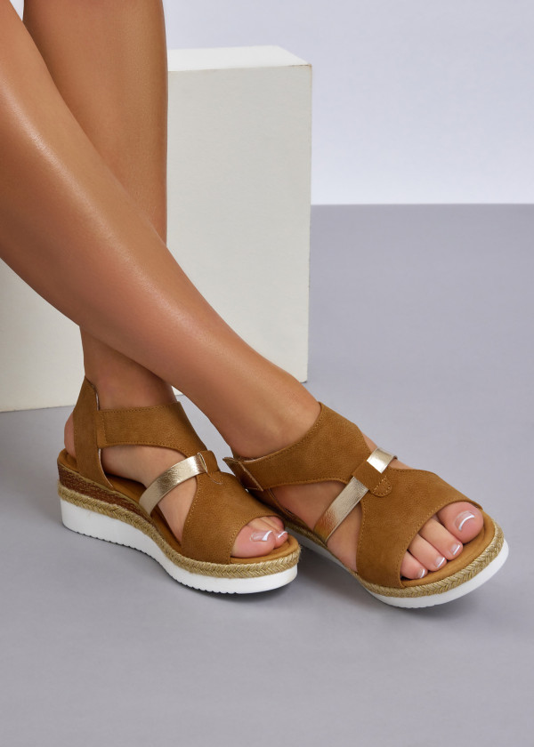 Brown caged low wedge sandals 2