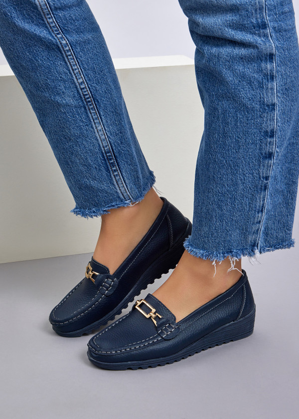 Navy gold detail low wedge loafer 4
