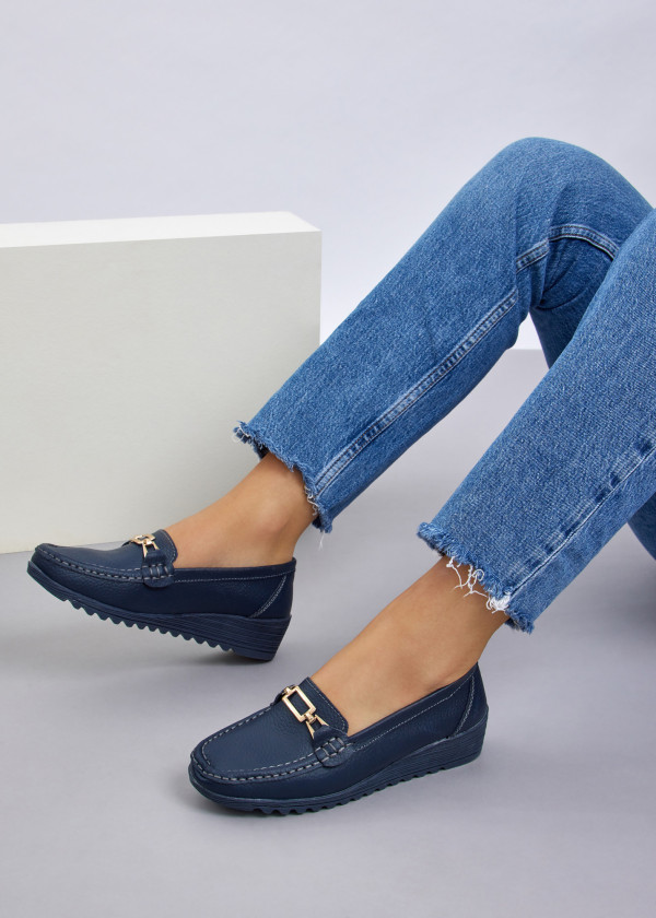 Navy gold detail low wedge loafer 1