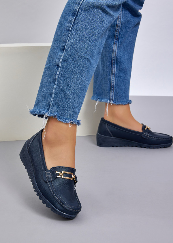 Navy gold detail low wedge loafer 2