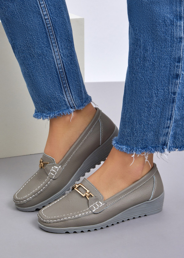 Grey gold detail low wedge loafer