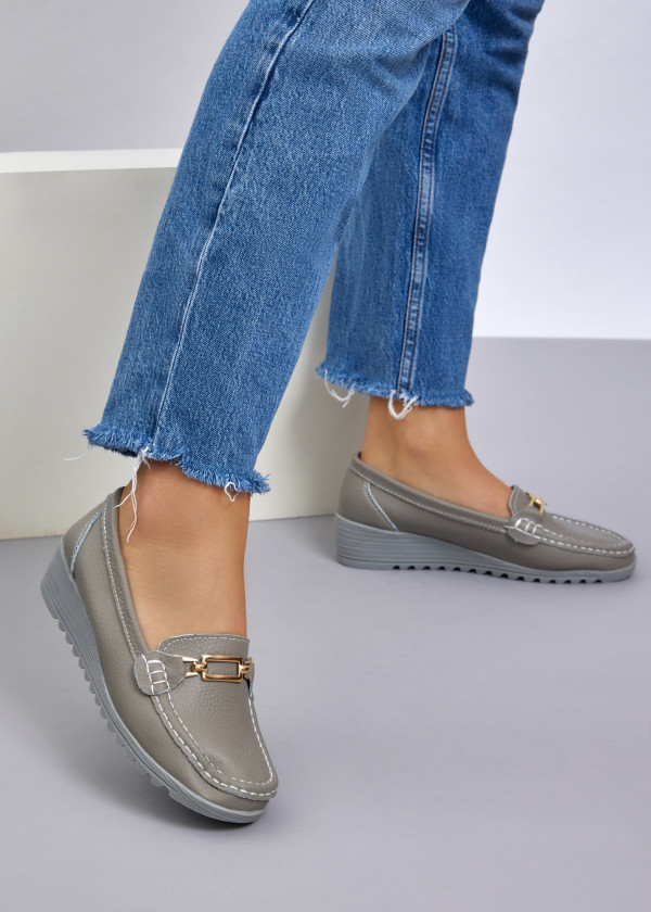 Grey gold detail low wedge loafer 1