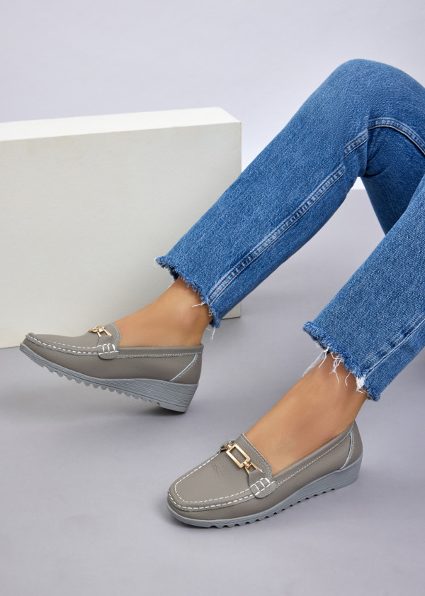 Grey gold detail low wedge loafer 2
