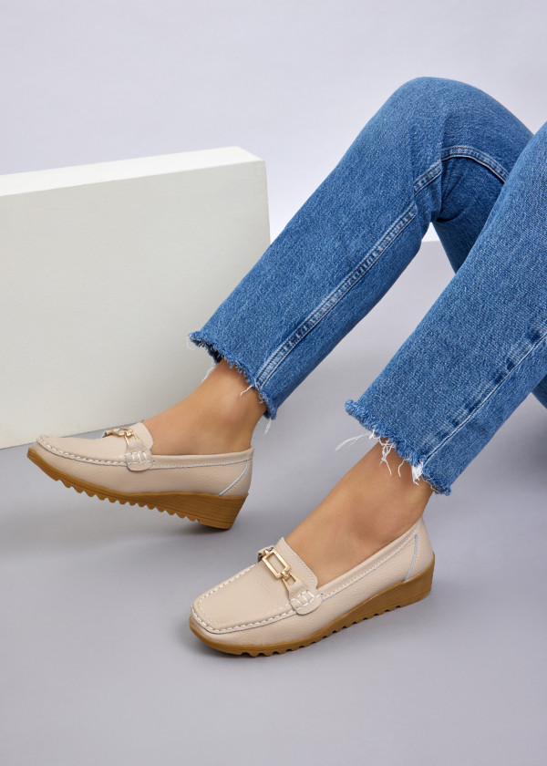 Nude gold detail low wedge loafer 2