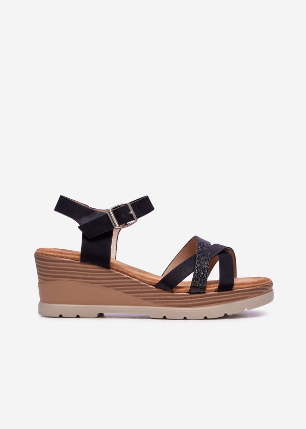 Black multi-print cross strap wedge sandals 3