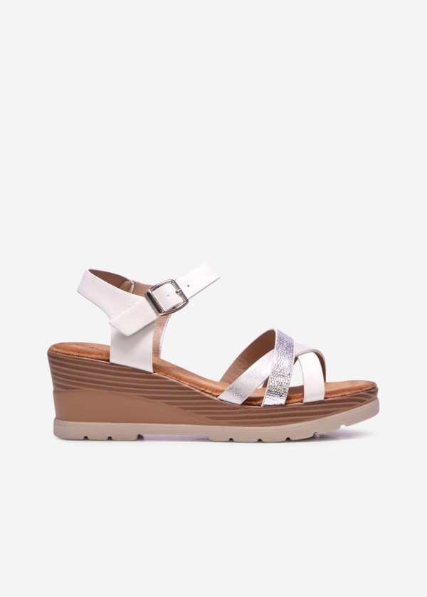 White multi-print cross strap wedge sandals 3