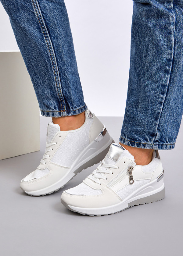 White lace up glitter hidden wedge sneakers 4