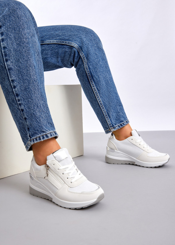 White lace up glitter hidden wedge sneakers 1