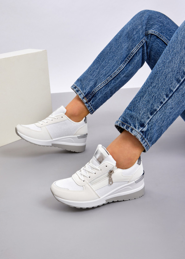 White lace up glitter hidden wedge sneakers 2