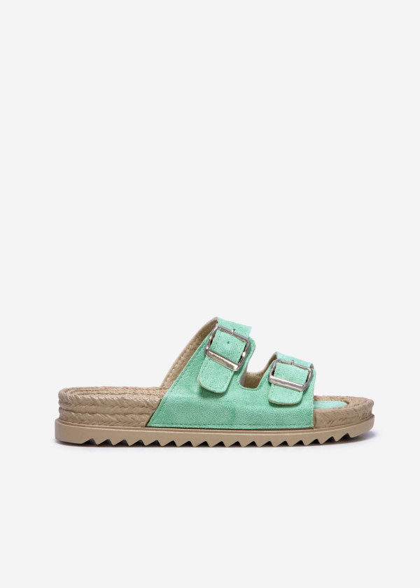 Green suede buckled sliders 3