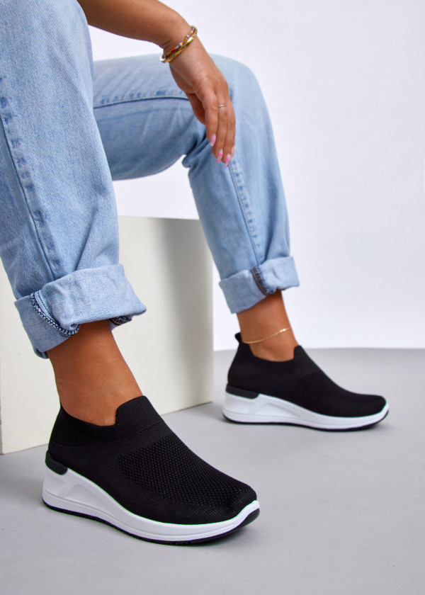 Black knit low wedge sock sneaker 1