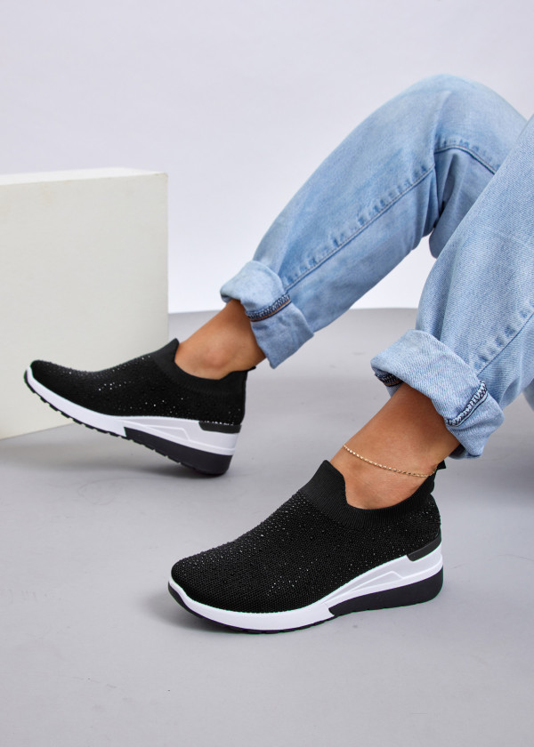 Black knit wedge embellished sock sneaker
