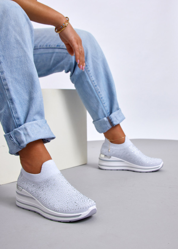 White knit rhinestone embellished sock sneaker