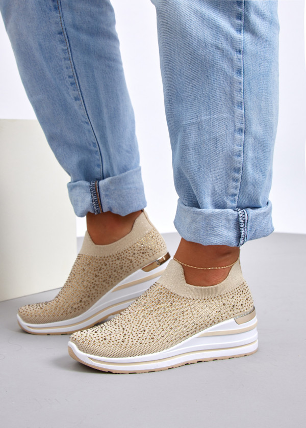 Beige knit rhinestone embellished sock sneaker 1