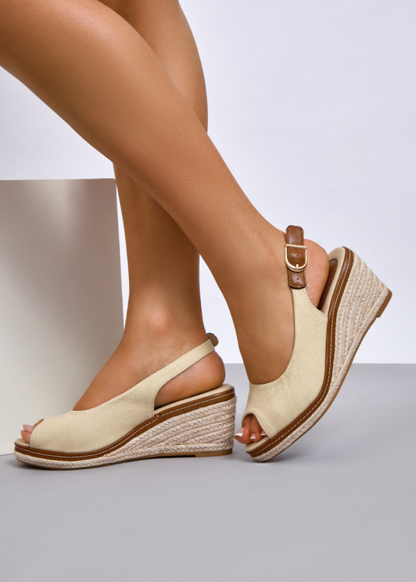 Beige peep toe sling back wedged sandal 1