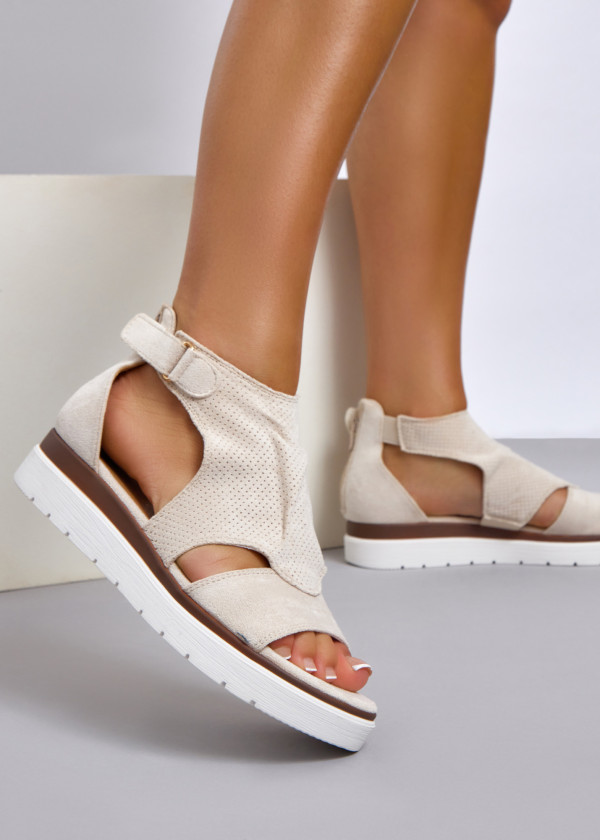 Beige cut-out low wedge sandal 1