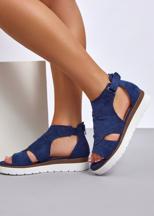 Navy cut-out low wedge sandal