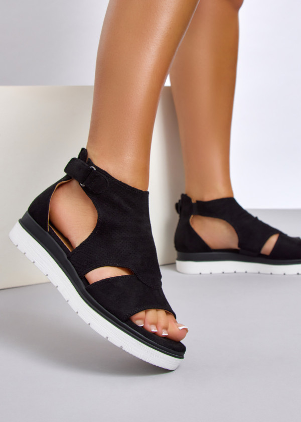 Black cut-out low wedge sandal 1