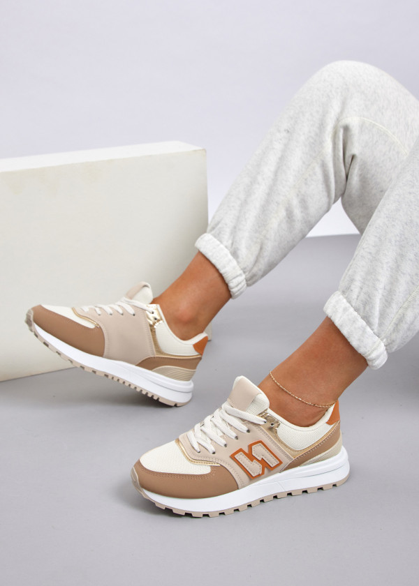 Beige panelled retro sneakers 2