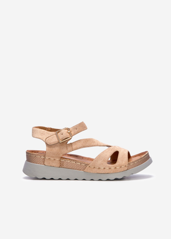 Beige suede strap low wedge sandals 3