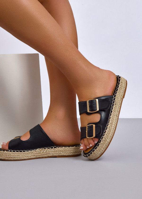 Black double-strap espadrille flatform sliders 1