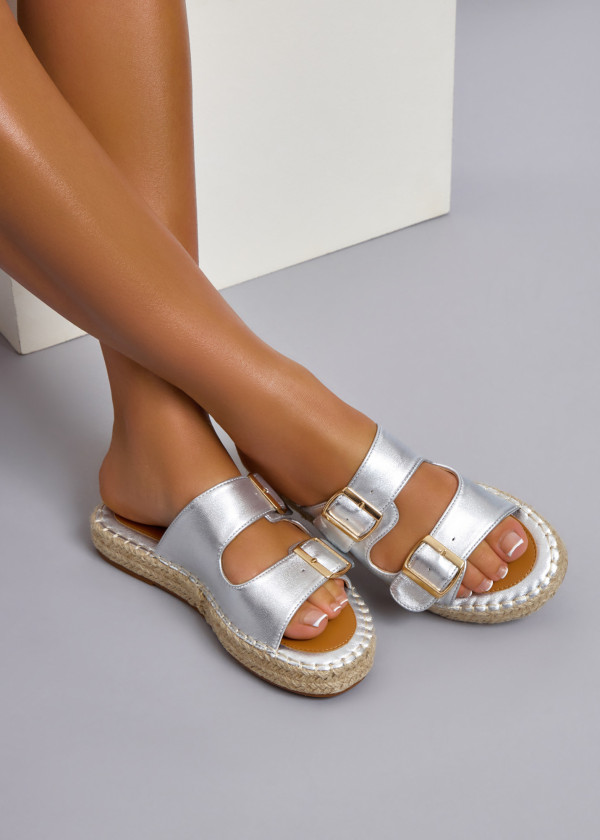 Silver double-strap espadrille flatform sliders 2