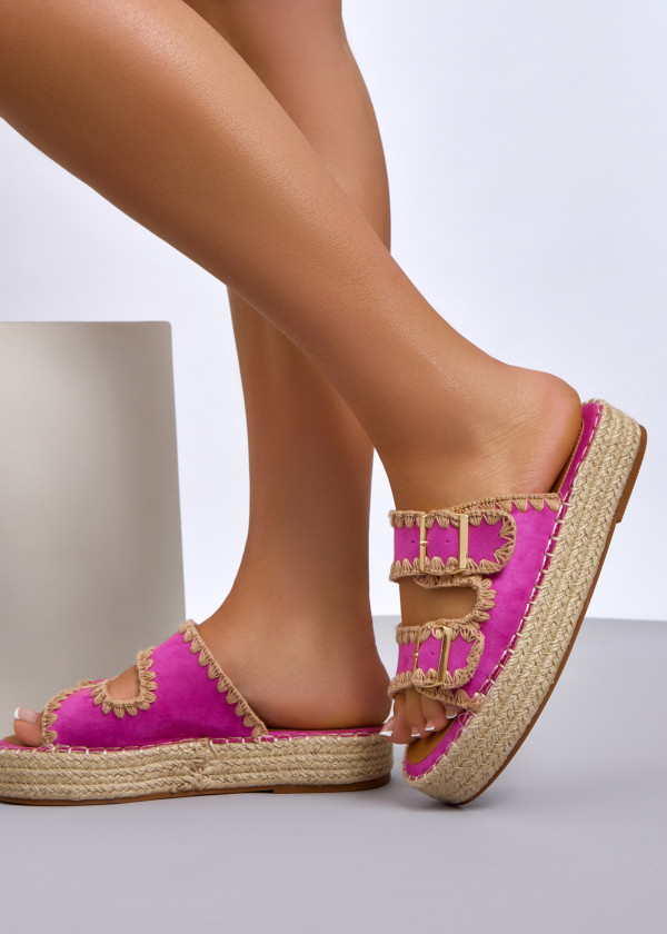 Fuchsia suede double-strap espadrille flatform sliders 1