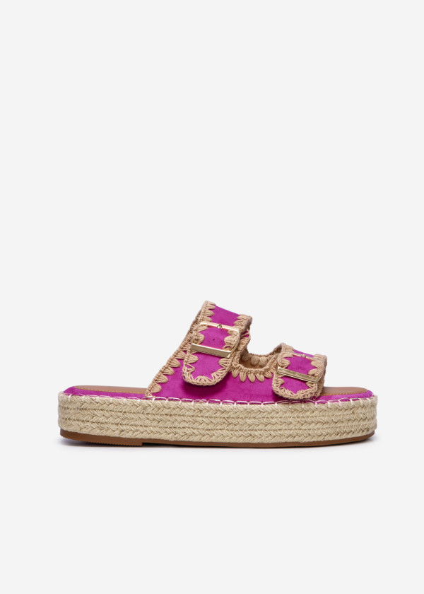 Fuchsia suede double-strap espadrille flatform sliders 3