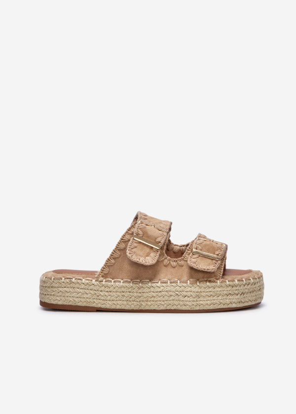 Khaki suede double-strap espadrille flatform sliders 3