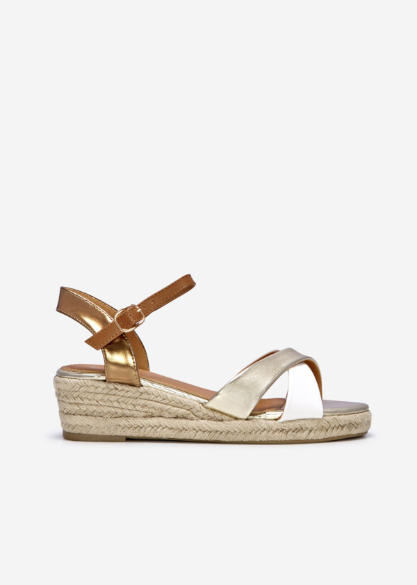 Gold cross strap low wedge espadrille sandal 3