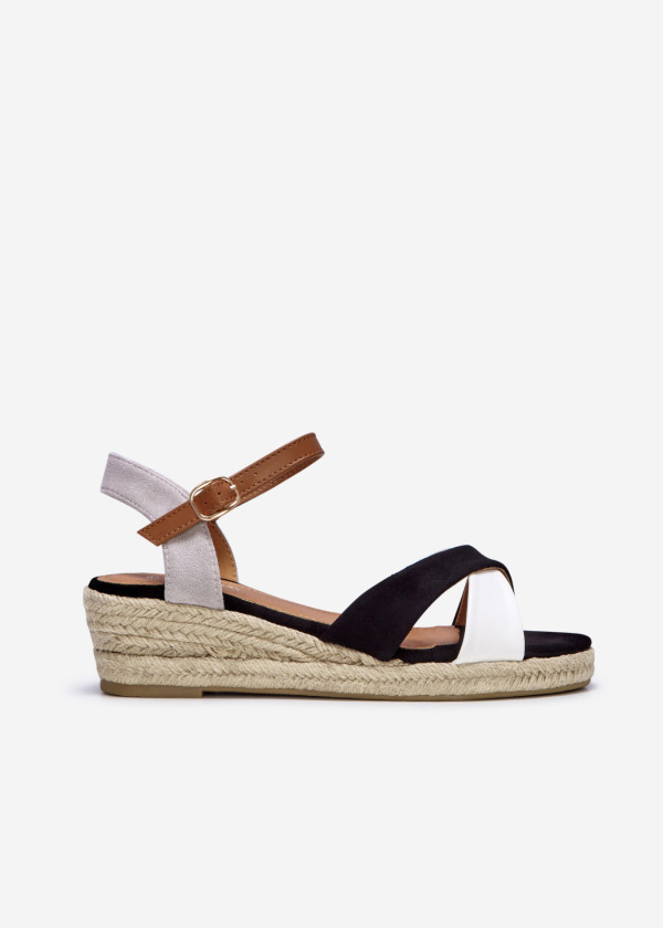 Black cross strap low wedge espadrille sandal 3