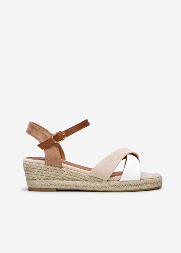 Beige cross strap low wedge espadrille sandal 3