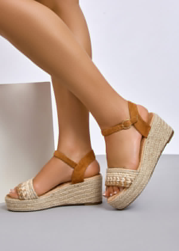 Brown plait strap espadrille wedged sandal 1