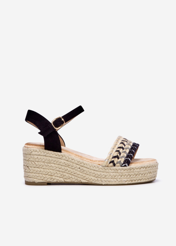 Black plait strap espadrille wedged sandal 3