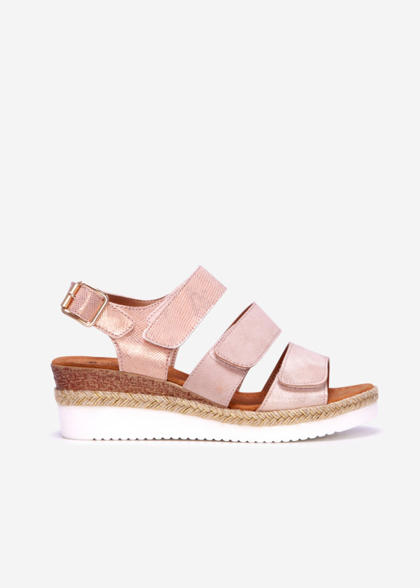 Pink triple velcro strapped wedged sandal 3