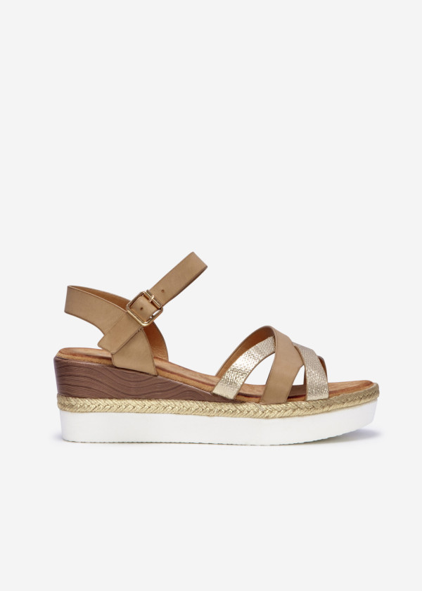 Khaki triple cross-strap wedged sandals 3