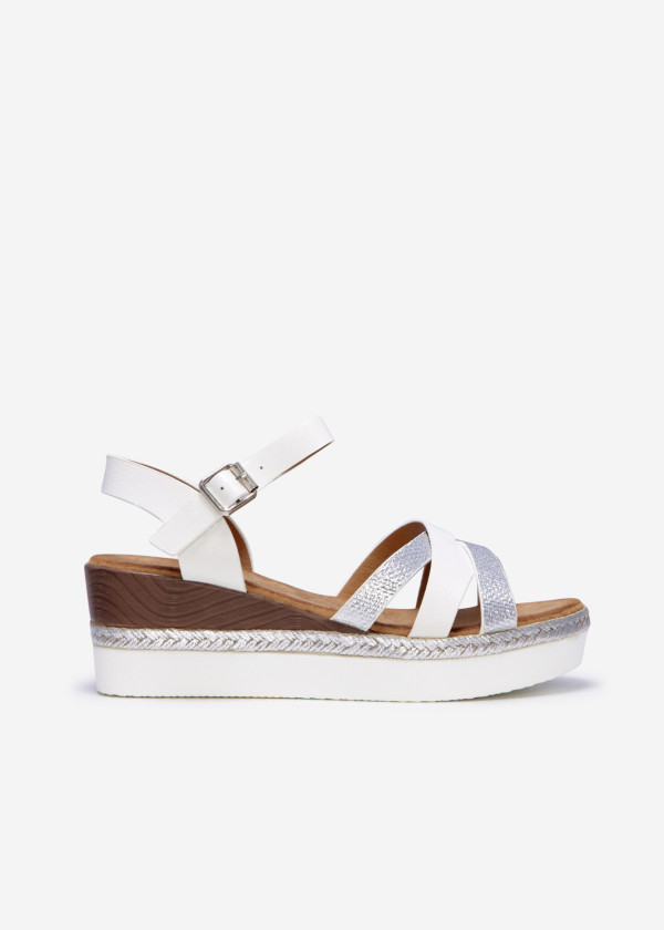 White triple cross-strap wedged sandals 3