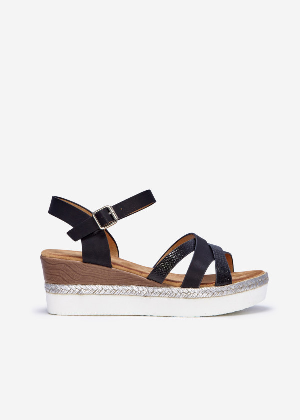 Black triple cross-strap wedged sandals 3