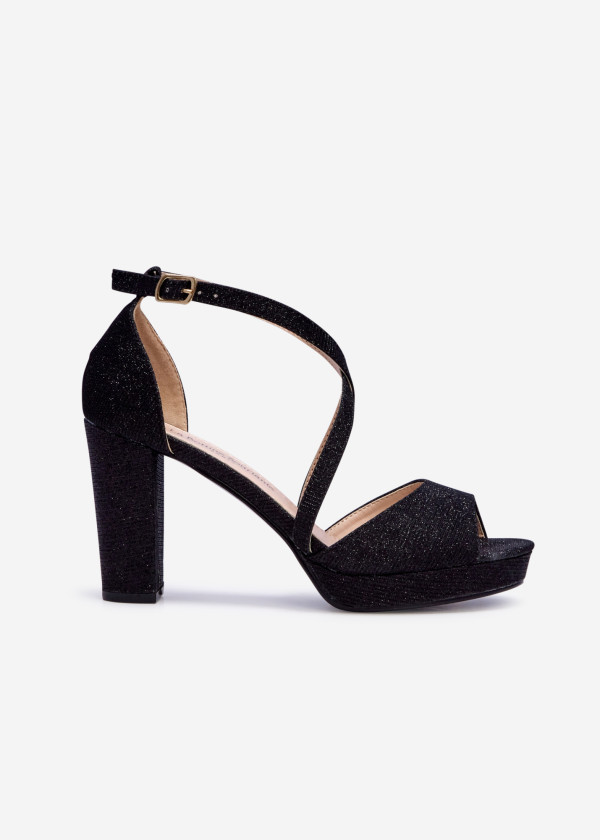 Black glitter cross-strap block heeled sandals 3