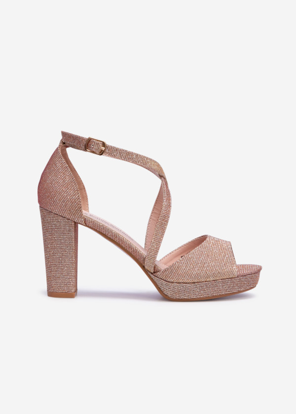 Rose-gold glitter cross-strap block heeled sandals 3