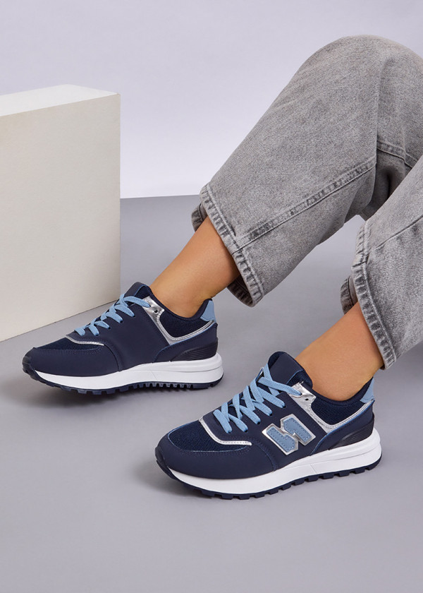 Navy panelled retro sneakers 2