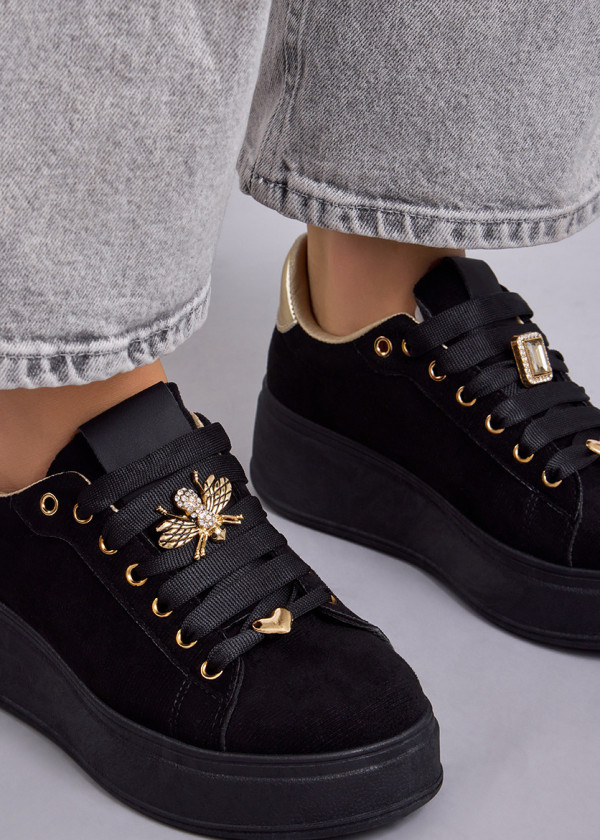 Black bee-charm suede flatform sneakers 1