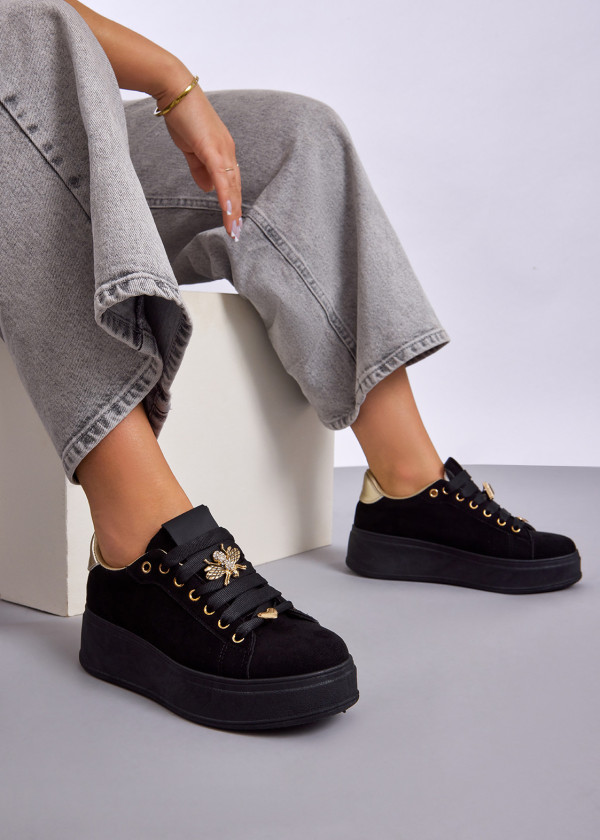 Black bee-charm suede flatform sneakers 2