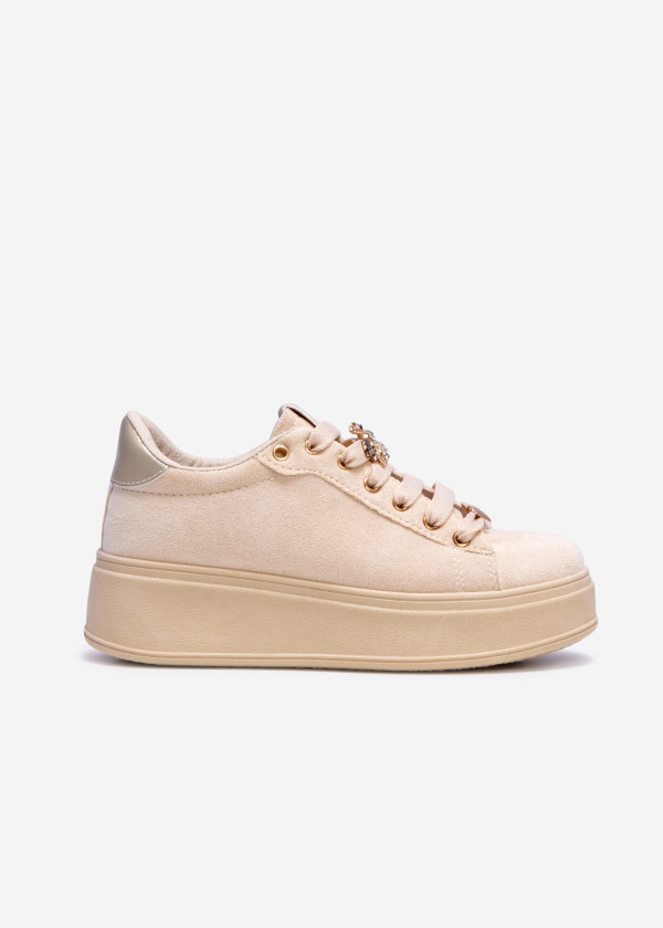 Beige bee-charm suede flatform sneakers 3